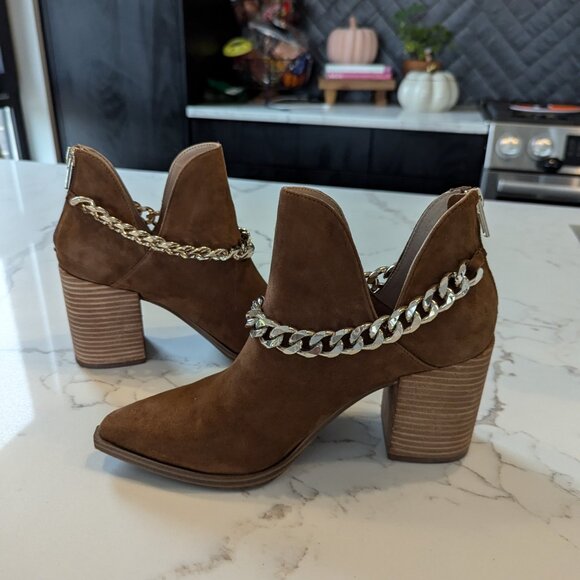 Steve Madden Tan Suede Leather Cedar Chain Block Heel Ankle Boot Cowboy Bootie 8 - Picture 6 of 8